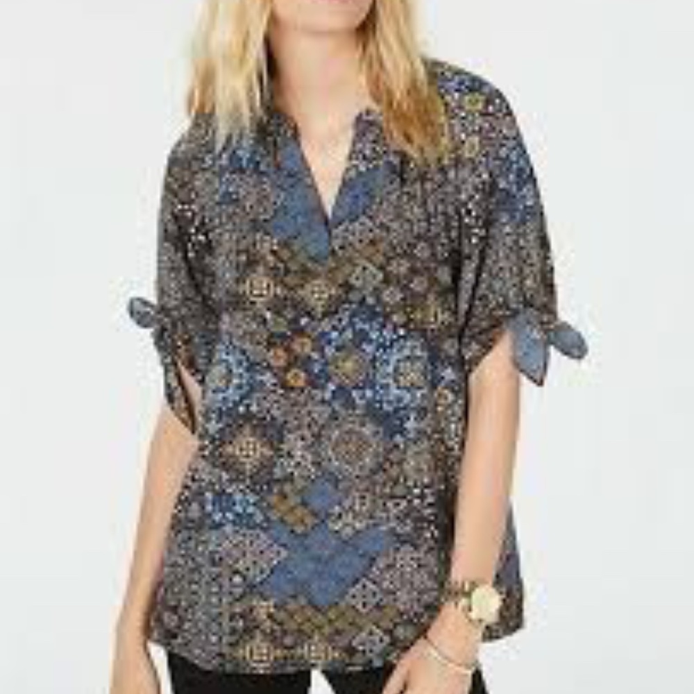 Michael Kors Top Patterned Short Sleeve Tie Blouse